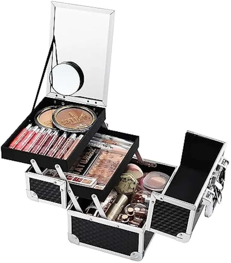 

Portable Makeup Train Case with Mirror, 2-Tier Tray Organizer, Lockable Travel Storage Box for Cosmetics and Crafts
