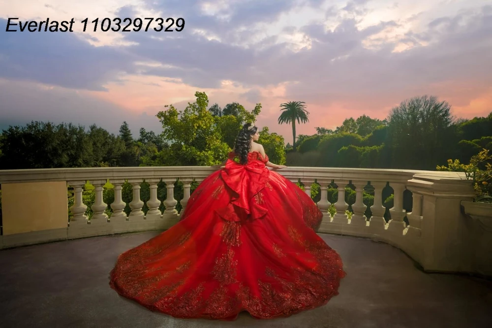 EVLAST Customized Red Quinceanera Dress Ball Gown Sequins Lace Applique Beading Bow Corset Sweet 16 Vestido De 15 Anos TQD983