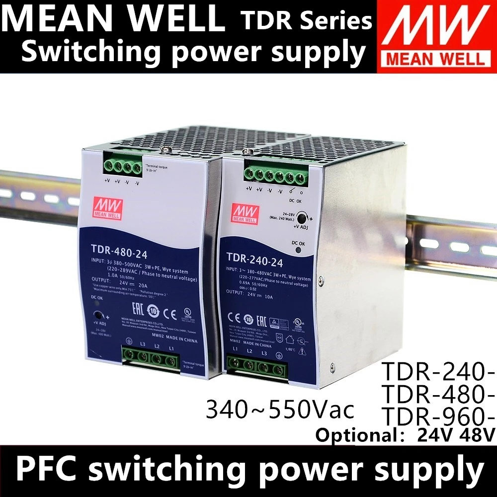 

TDR-240/480/960 Watt Three phase industrial DIN Rail Power supply with PFC 330v/550v ac dc 24/48v Mean well high power