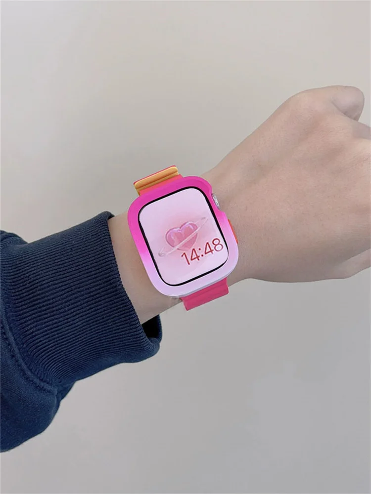 Cinta de silicone bonito e caso mudança gradual para Apple Watch, Coréia Band, Ultra2, iWatch Series 9, 8, SE, 7, 6, 5, 4, 49mm, 41mm, 45 milímetros, 40 milímetros, 44 milímetros, 42 milímetros