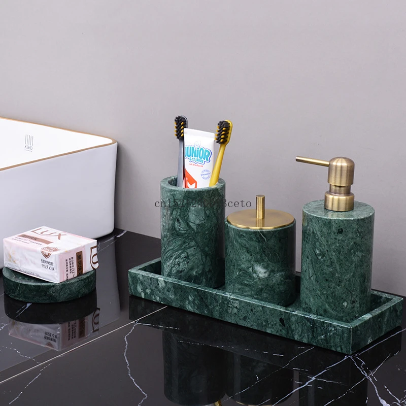 European luxury marble green bathroom toiletries lotion bottle cotton swab jar soap dish tray bathroom accessories decoration