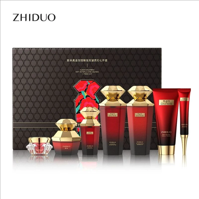 Women Rose Skin Care Set With Box Moisturizing Anti-Wrinkle Skincare Set Face Toner Essence Cream Serum Cleanser Beauty Kit