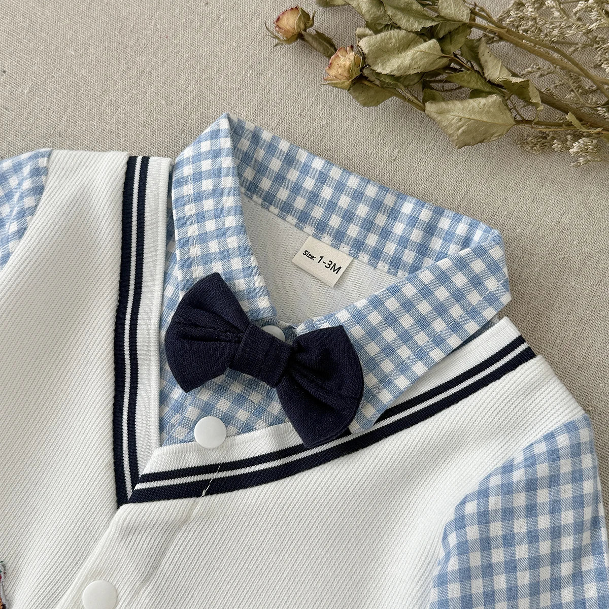 Spring Autumn Baby Fake Two Piece Dachshund Embroidery Romper, Boys Blue Plaid Lapel Button Birthday Formal Jumpsuit Outfit