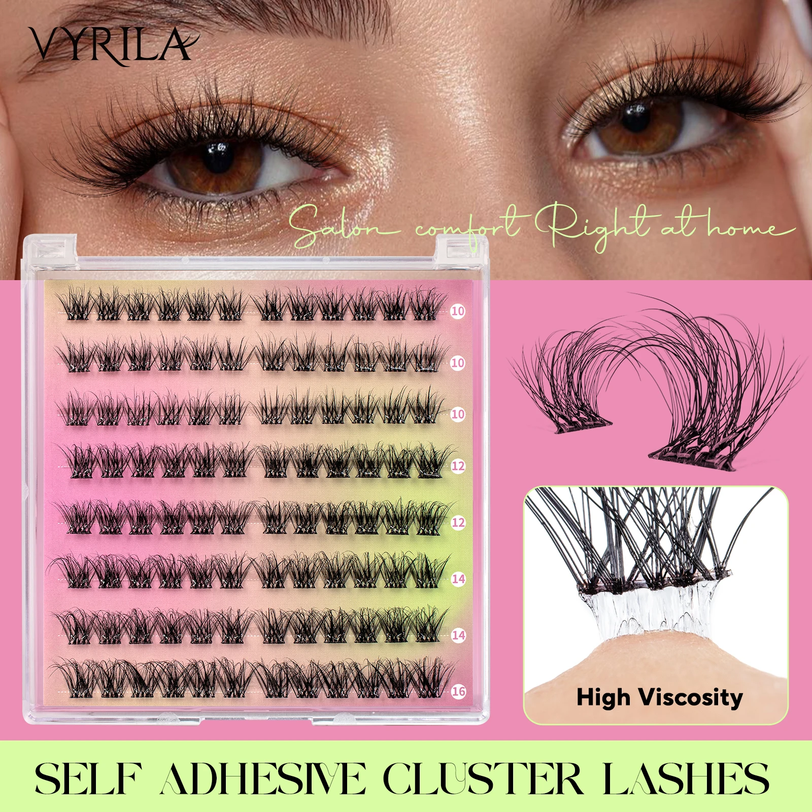 VYRILA Self Adhesive Cluster Lashes Glue-Free DIY Lash Clusters Natural Soft Eyelashes No Glue Needed Segmented Lash