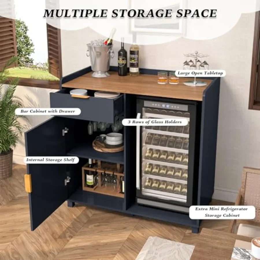 Bar cabinet with fridge space and fluted door in walnut finish for modern home bars, featuring premium wood veneer, sleek black - view 4