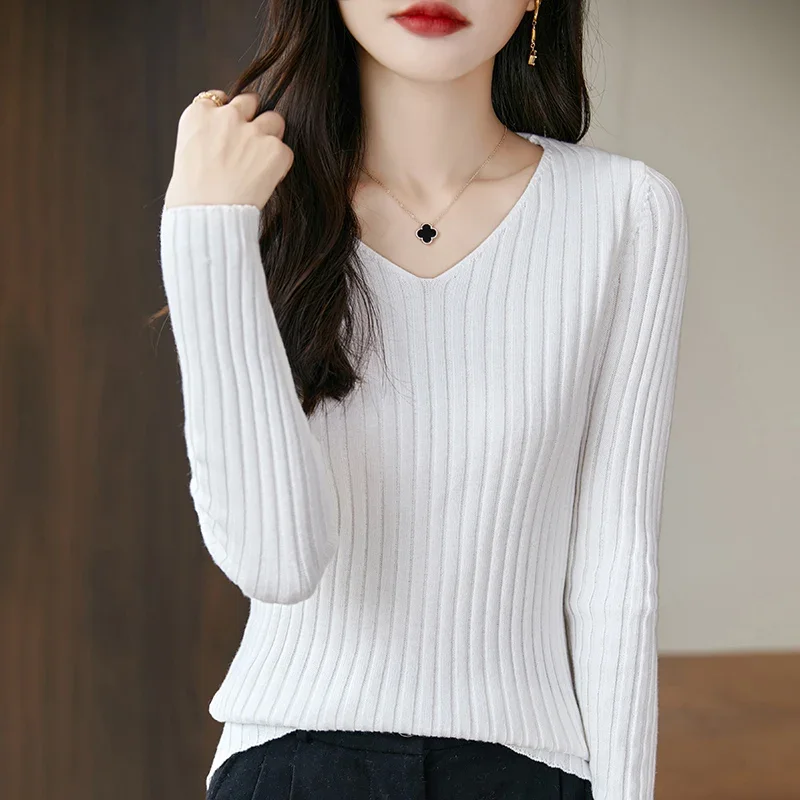 

V-neck Skinny Elastic Knitted Shirt Women Pullover Sweater Tops Spring Autumn Female Long Sleeve Slim Knit Bottoming Shirts
