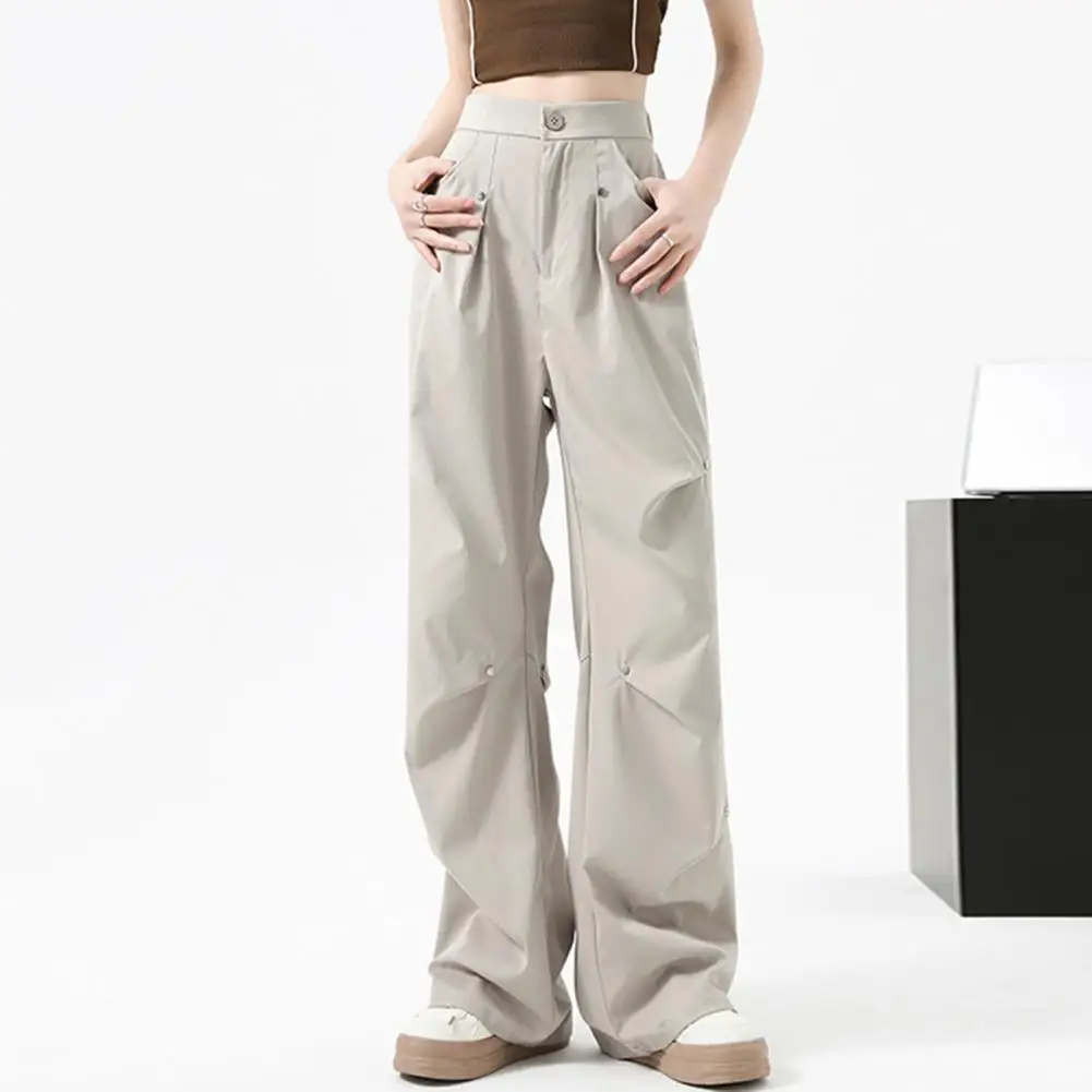 Wide Leg Drawstring Cargo Pants Women's High Waist Wide Leg Cargo Pants With Pockets Drawstring Overalls Solid Color For Spring