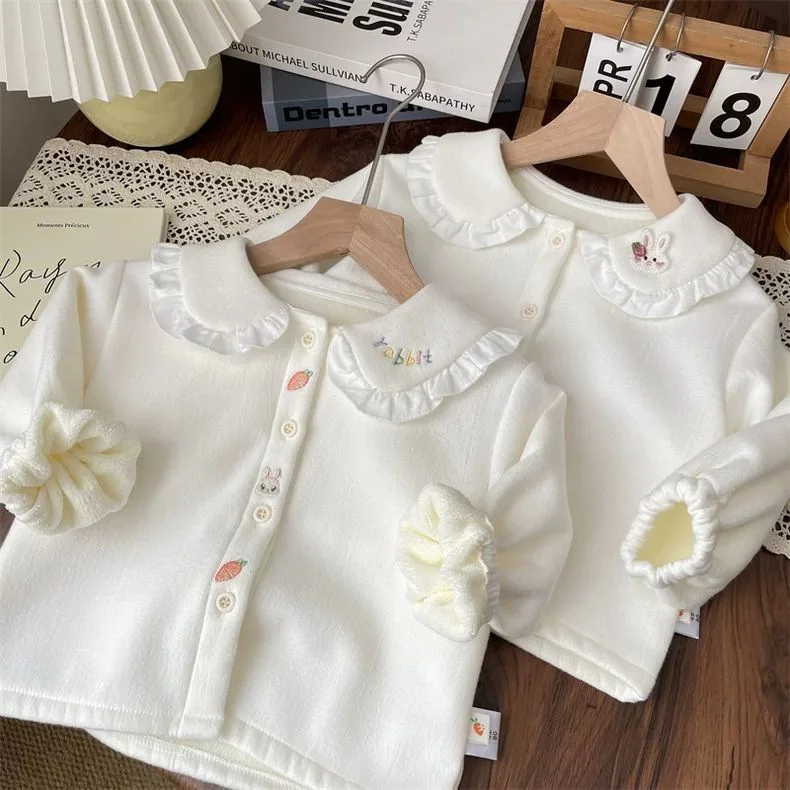 Girl's Spring and Autumn Winter Shirt, Baby's Fashion Children's Thickened One Piece Velvet Lace Letter Cartoon Shirt