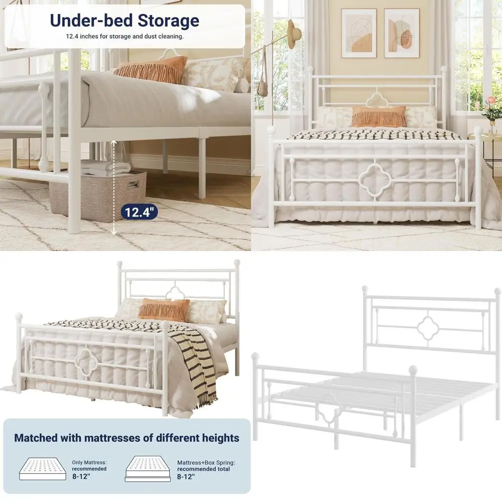 

Металлическая кровать-платформа в винтажном стиле с местом для хранения под кроватью, не требует пружинного блока, простая сборка, белый цвет.