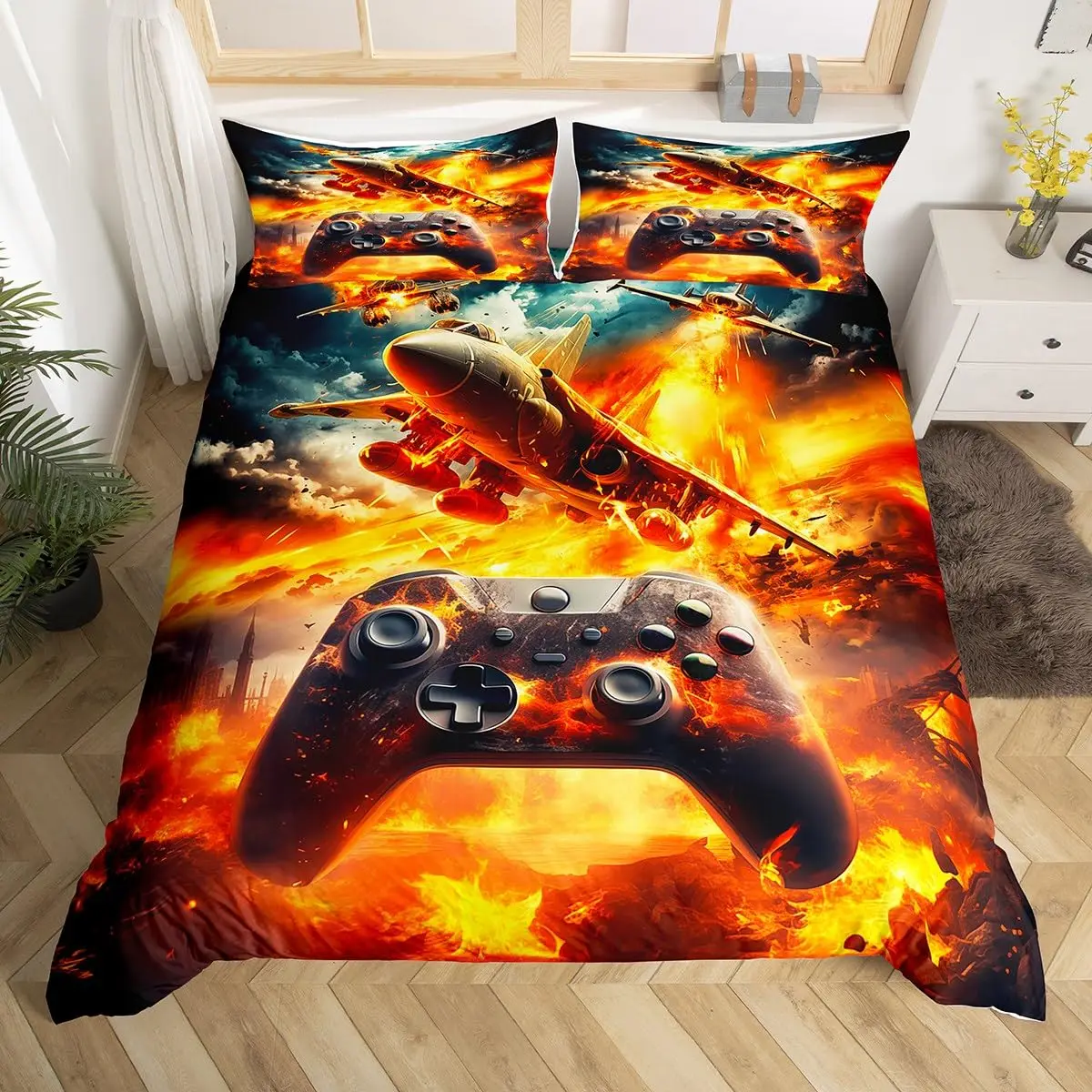 Modern Gamepad Bedding Set, Gaming Duvet Cover Full Queen for Teen Boys Bedroom Game Room Video Game Controller Comforter Cover