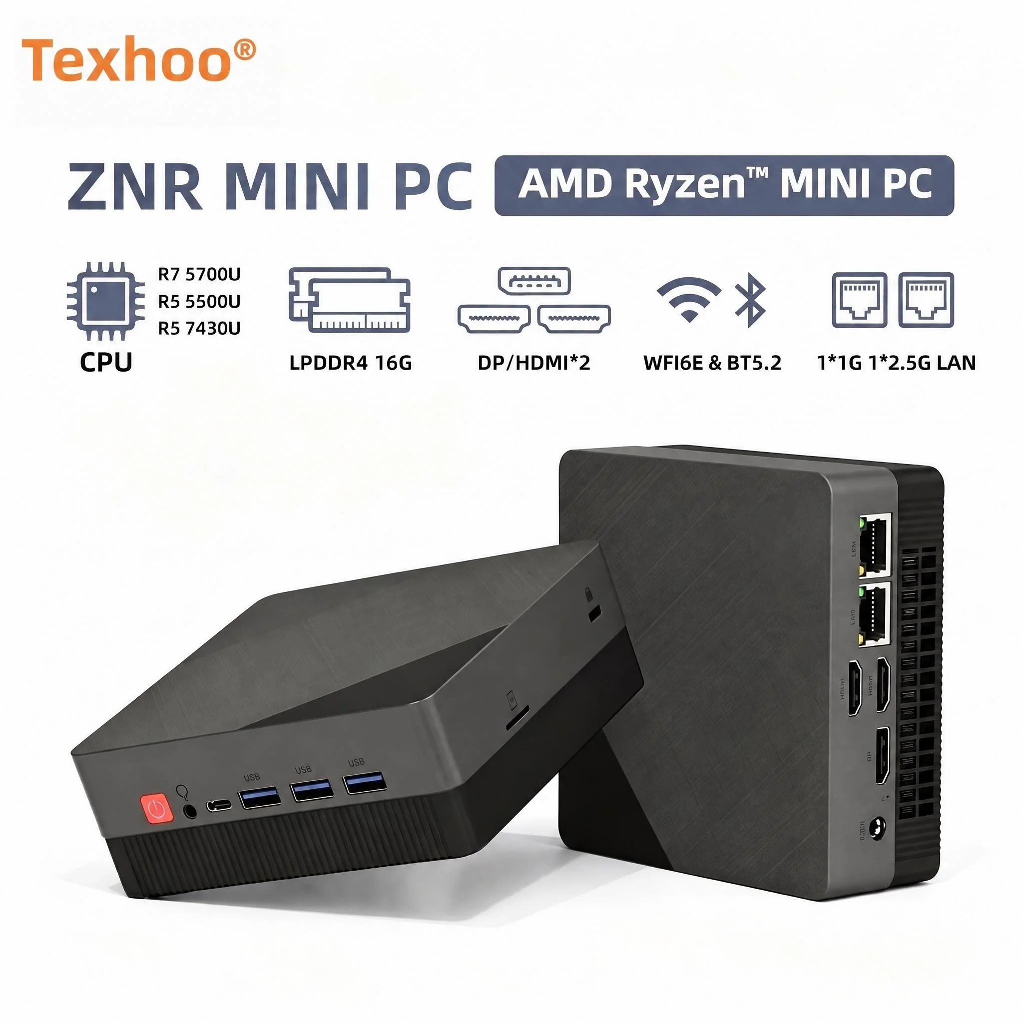 텍후 미니 PC, AMD 라이젠 7 5700U, R5-7430U, 5500U, LPDDR4 16GB 3733MHz, 512GB SSD, Wi-Fi 6, 블루투스 5.2, 데스크톱 미니 컴퓨터, 듀얼 4K 디스플레이 지원