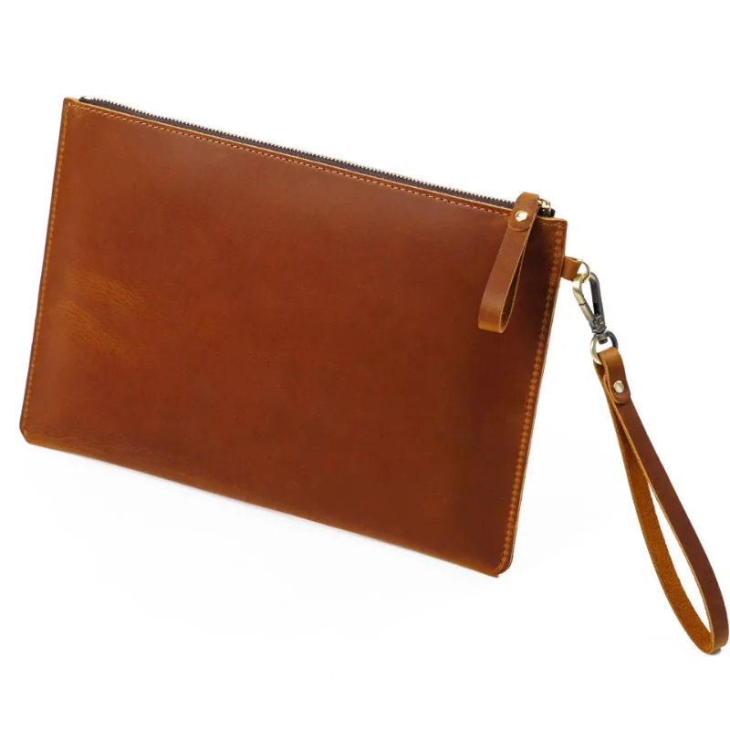 حقيبة يد AIGUONIU كلاسيكية من الجلد الطبيعي للرجال بنمط مغلف كلاسيكي مع حزام معصم كاجوال