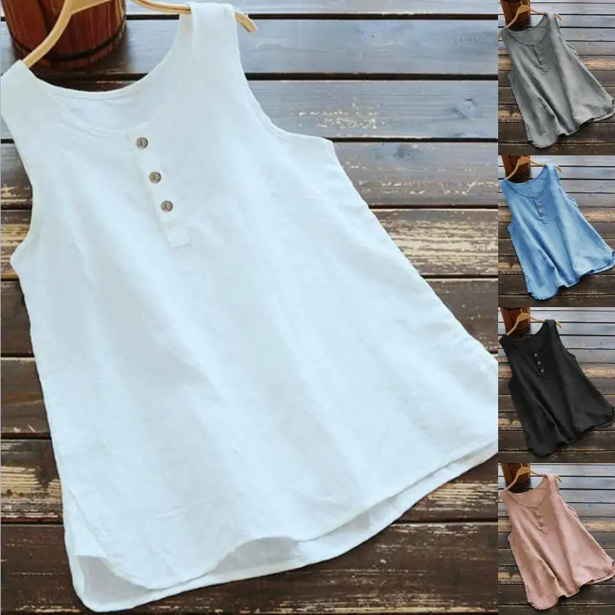 

Summer Women's Cotton Vest O-neck Button Pullover Solid Color Simple Versatile Top Casual Basic Sleeveless T-shirt