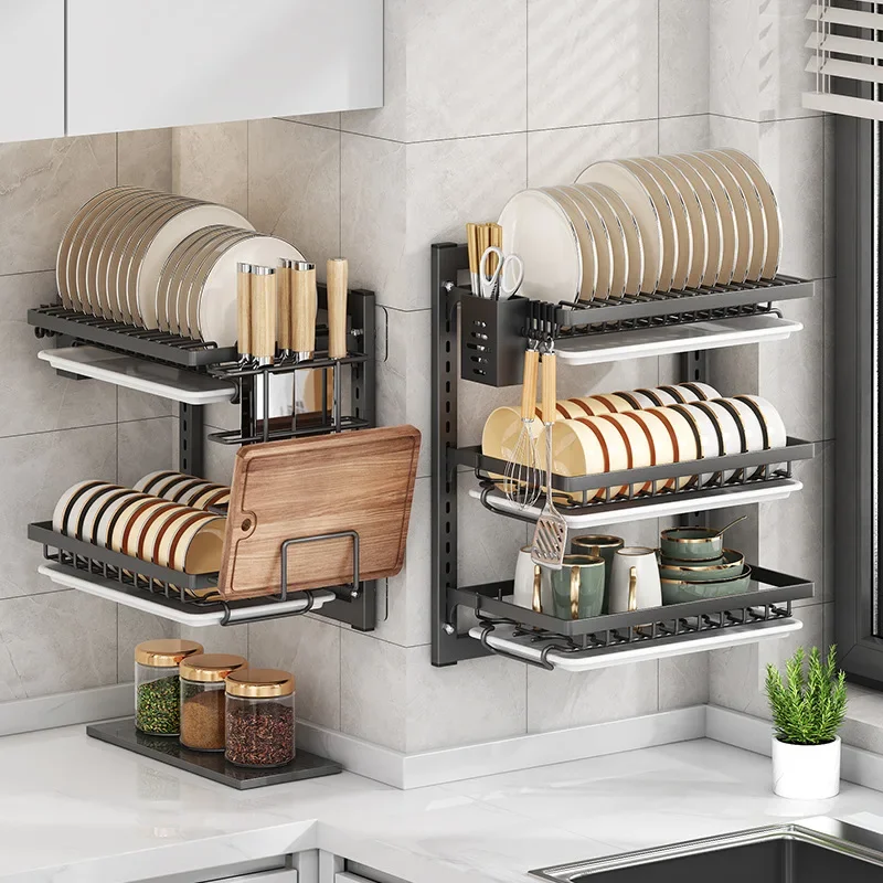 Kitchen Dish Rack Wall Mounted Multifunctional Storage Rack No-hole Cupboard with Chopsticks Knives Plates Draining Storage