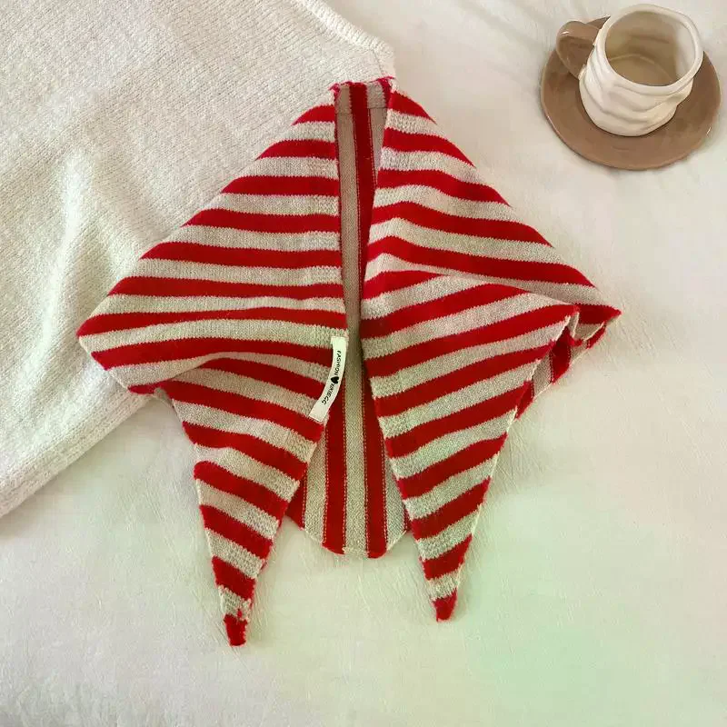 Korean Style Striped Solid Color Wool Knitted Triangular Small Scarf Shawl Headscarf Knitted Scarf Multi-functional Warm Scarf