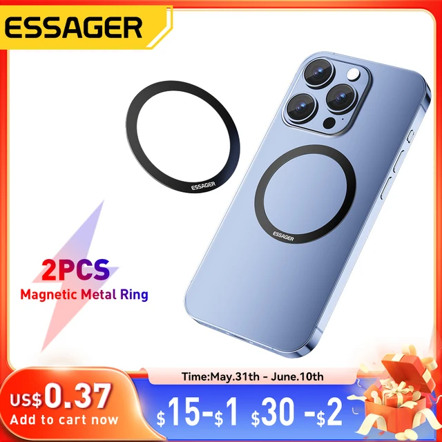 Essager 2PCS Magnetyczny metalowy pierścień 0,3 mm Uniwersalna naklejka na iPhone'a 15 14 Pro Magnes MagSafe do bezprzewodowej płytki ładującej Samsung