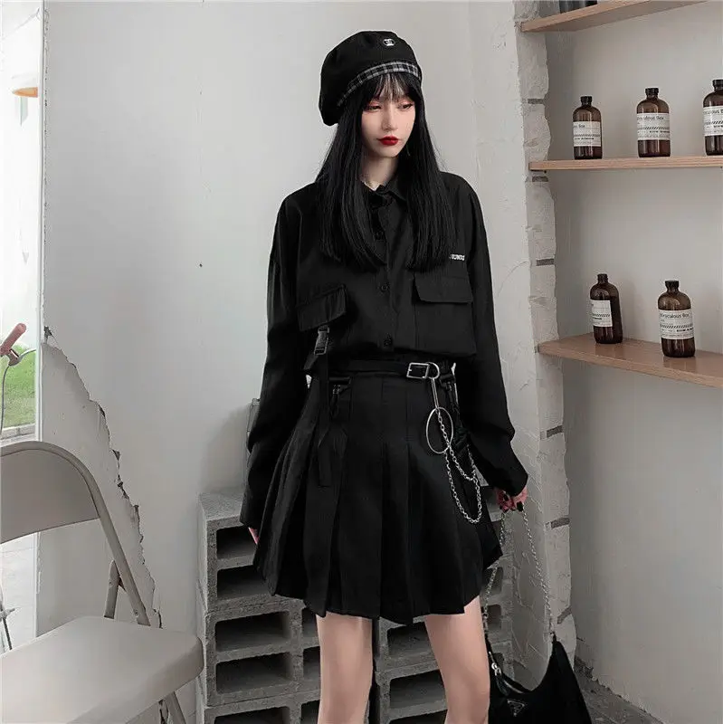 봄 여름 A라인 미니스커트 세트 여성용 블랙 셔츠 하이웨이스트 JK 유니폼 스타일 패셔너블 워크웨어 폴리에스터 원단