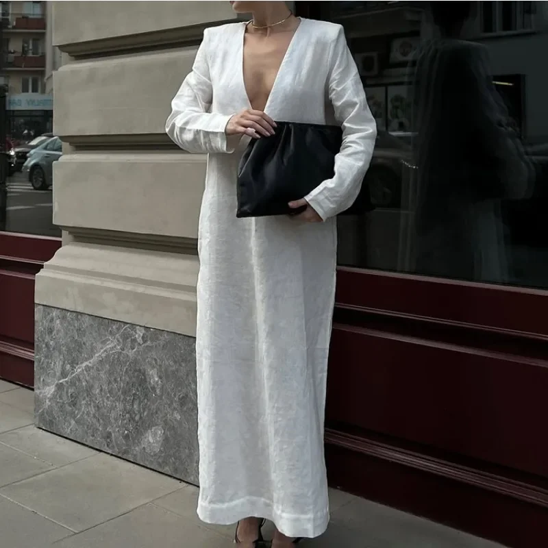 V Neck Slit Vacation Boho Dress Streetwear Elegant France Cotton Loose Long Dress for Women Casual Fashion White Long Sleeve