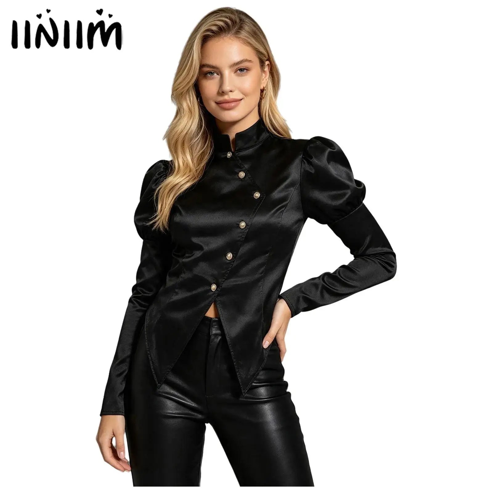 Womens Circus Show Satin Blazer Victorian Tops Button Stand Collar Long Puff Sleeves Blouse Xmas Party Circus Ringmaste Costume