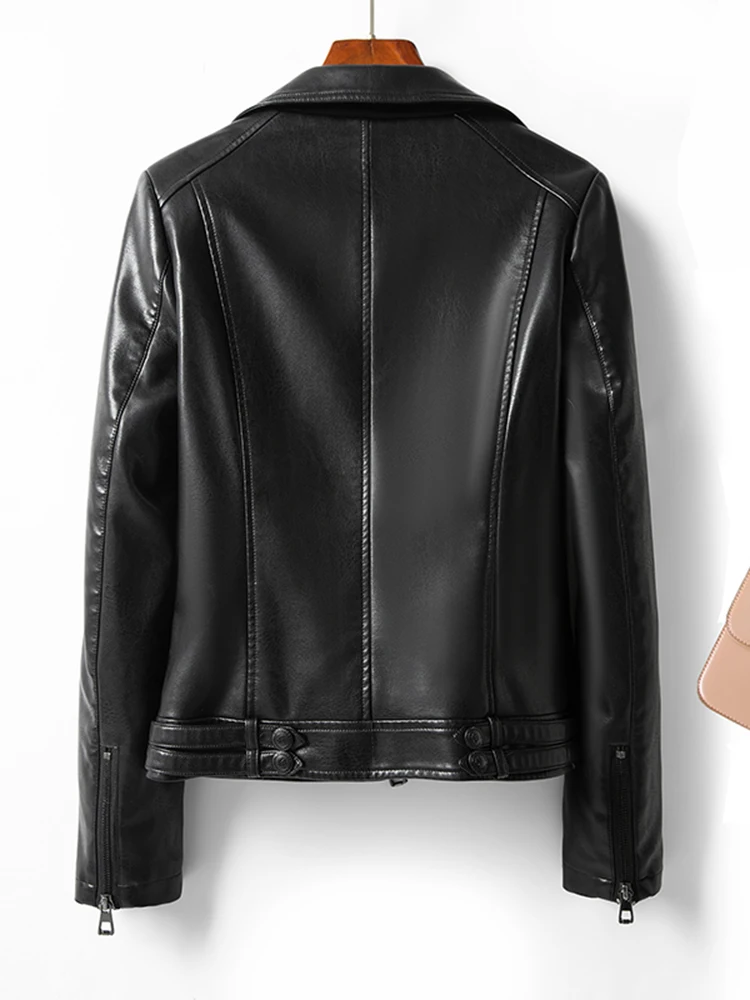 Real Leather Biker Jaet Women's ort Sle Spring Autumn New Model Bla Cool And Sli Lamb Skin Coat for Ladies