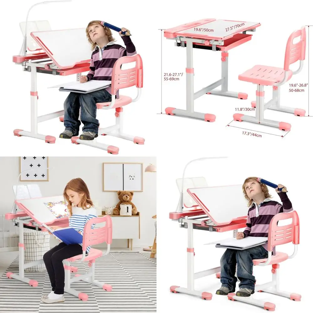 Scrivania da studio per bambini ad altezza regolabile con 55 °   Inclinazione, luce LED, cassetto e gancio, rosa