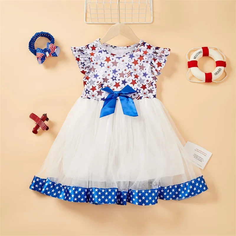 

Girls Princess Dress 1 PCS Independence Day Festival Dress Sleeveless Daily Casual Flying Sleeve Dress