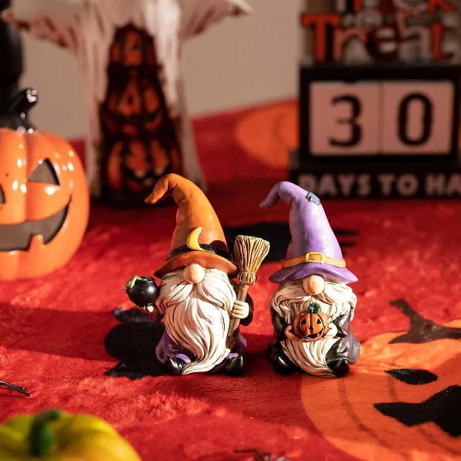 التماثيل هالوين tions داخلي 2 قطعة جنوم الراتنج ديكور للمنزل مع قبعة الساحرة مكنسة جاك يا فانوس القمر هالوين التماثيل El