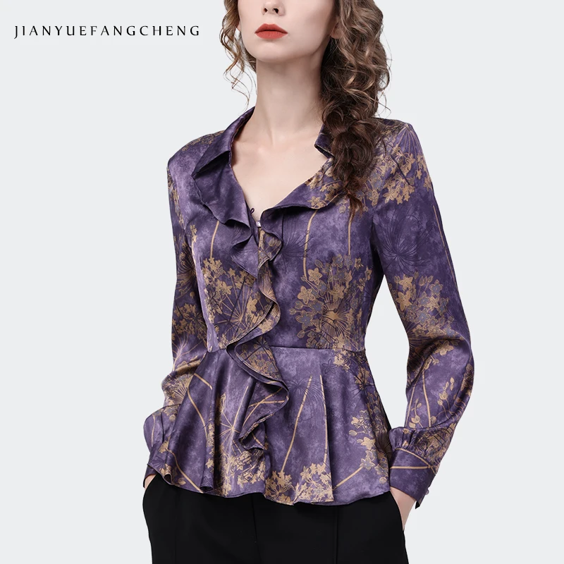 Luxury Women Long Sleeve V-Neck Purple Satin Printed Shirt 2022 Autumn New Elegant Slim Ruffles Tops Fashion Casual 90s Blouses