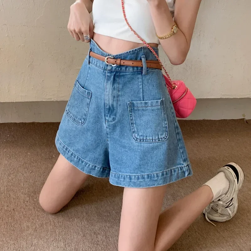 Fashion Women Denim Shorts Loose High Waist  A-line Wid-length Double Pockets Mini Blue Short Jeans Summer 2025 New jeans women