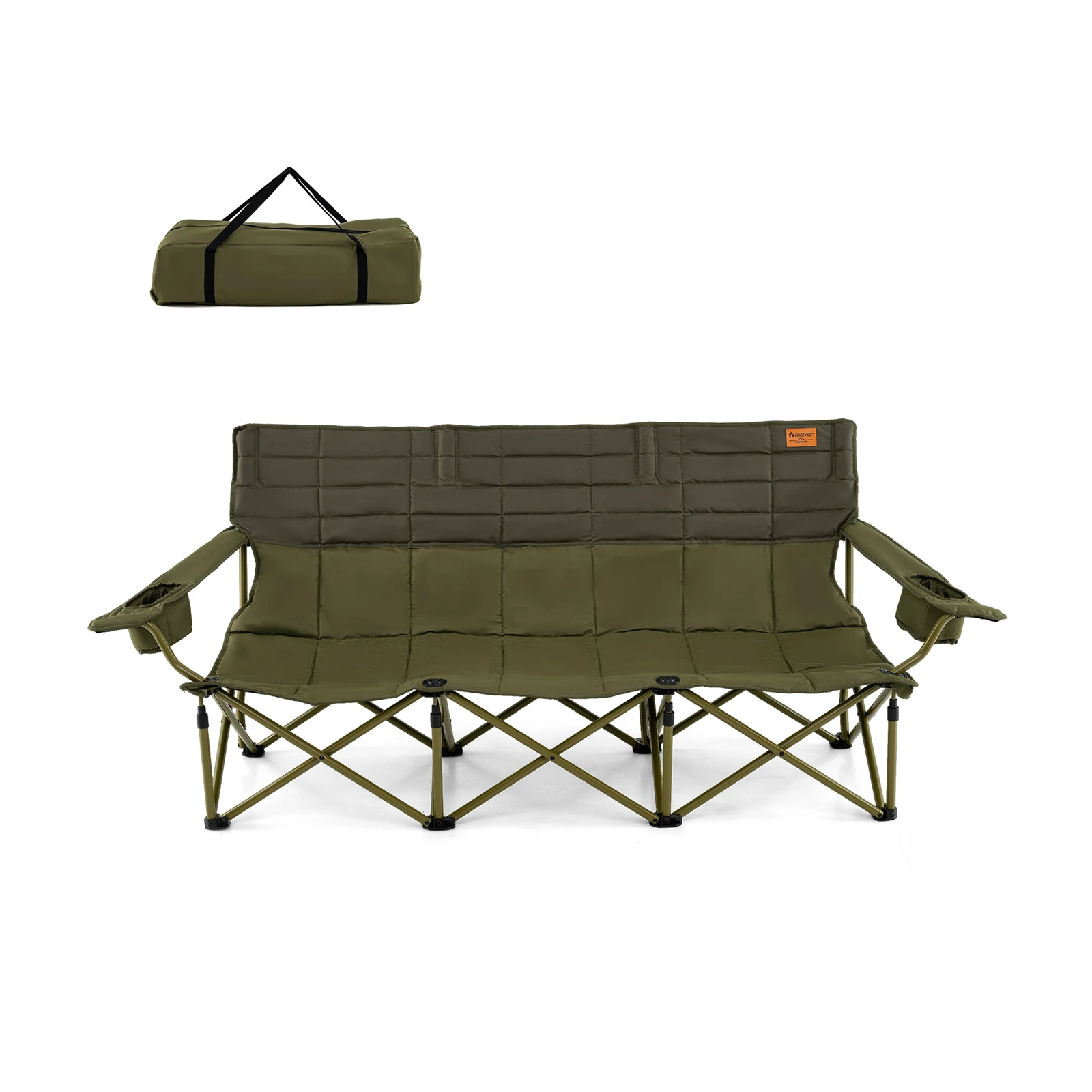 

3 Person Folding Camping Chair Heavy-Duty Camp Couch w/ 2 Cup Holders Padding