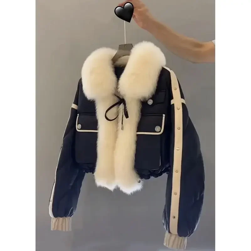 Winter Women Black Down Cotton Coat Light Faux Fur Collar Bomber Jacket Short Cotton Padded PU Parka Faux Leather Cardigan Tops