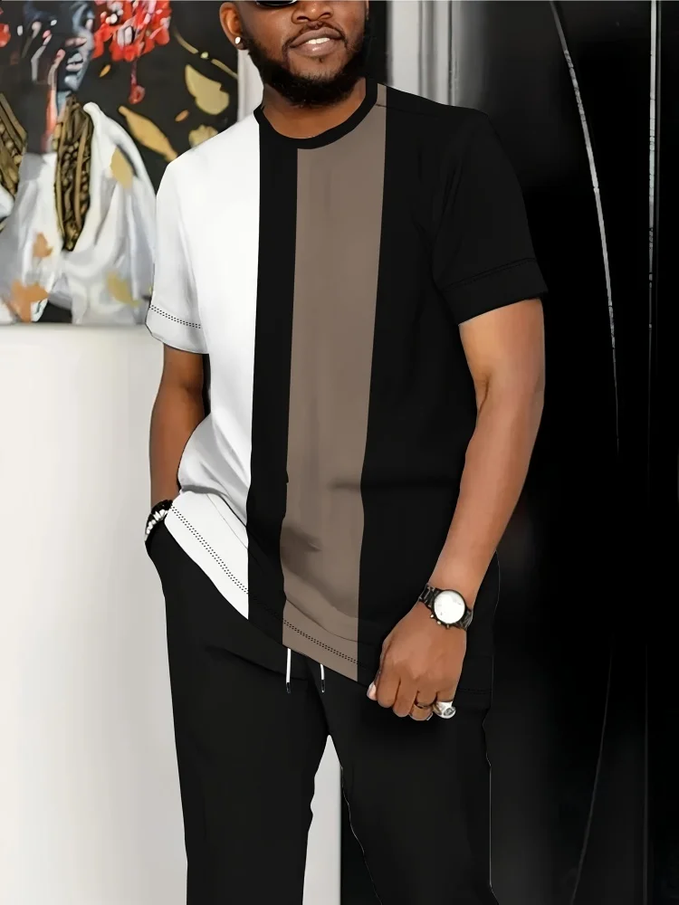 

Casual Striped Print T-Shirt and Long Pants Set Relaxed Fit Men's Short-Sleeve Elastic Waist Pants Two-Piece Set Sportswear