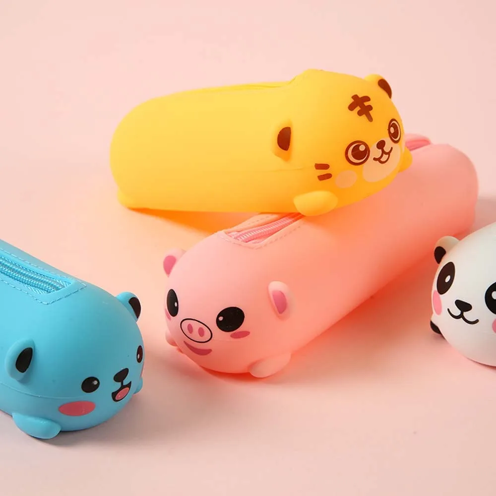 Waterproof Cartoon Silicone Pencil Case Washable Large Capacity Soft Pencil Pouch Tiger Panda Stationery Storage Bag Men/Women