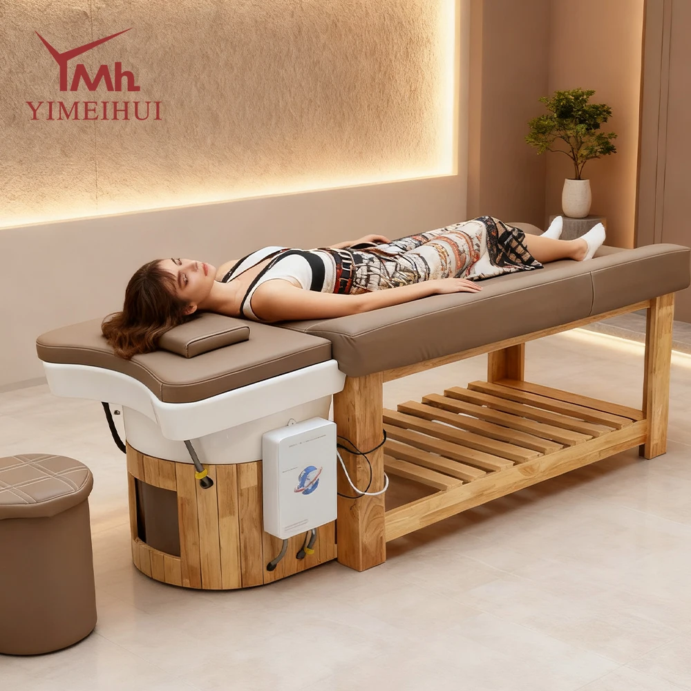 

Hot selling Wooden Frame Ceramic Basin Japanese Hair Spa Shampoo Bed with Therapy for Beauty Salon Barber Shop