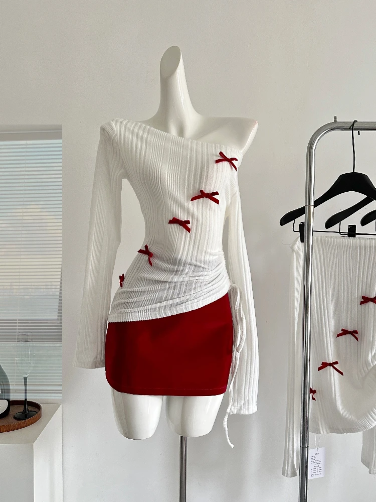 

Spring Korean Sexy Fashion Knitted 2 Piece Set Women Off Shoulder Bow Tops+Solid Mini Skirts Female Casual Streetwear Suits New