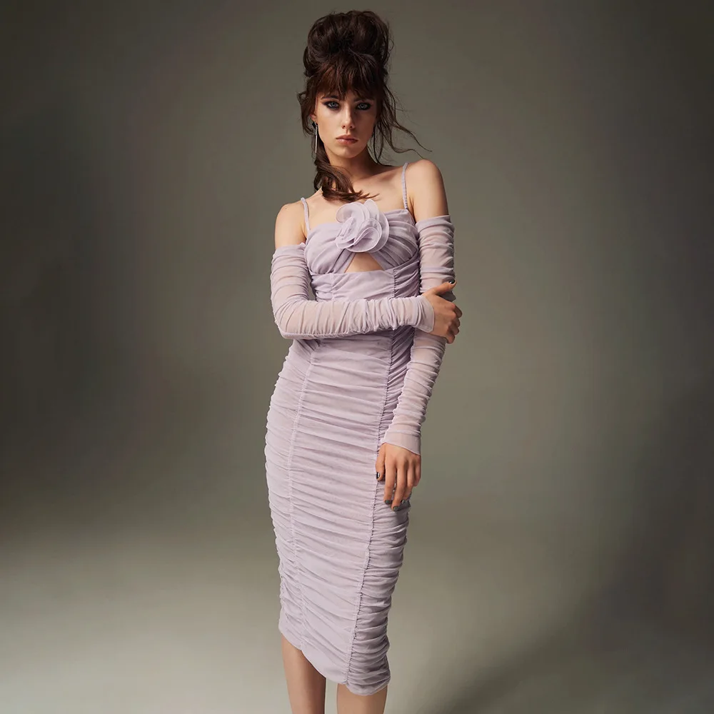 

2024 Summer New Purple European and American Long-sleeved Dress Slim-fitting One-word Collar Women's Sleeves Flower Mesh Skirt