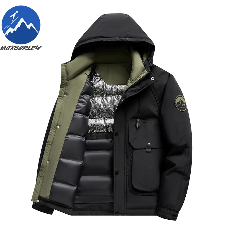 マックスバリ スノーダウンジャケット ユニセックス 冬 2026 高級ホワイトダックダウン 暖かいコート メンズ カジュアル ハイキング 超軽量 フード付きパーカー パファージャケット