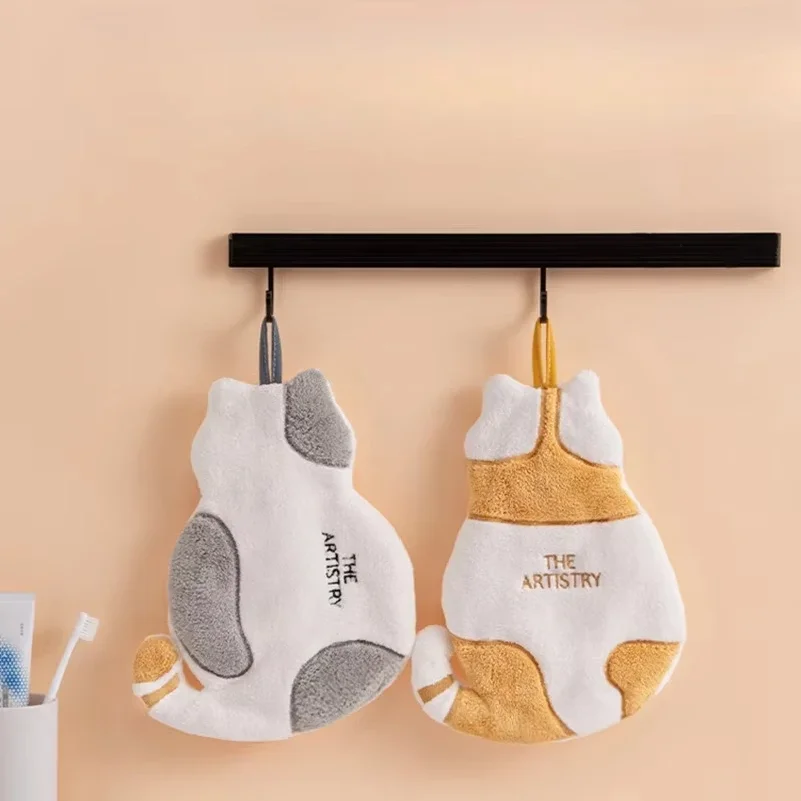 1Pcs Cute Cat Hanging Towel Kitchen Hand Towel Bathroom Soft Absorbent Handkerchief Wipe Towel Cartoon Kids Towels