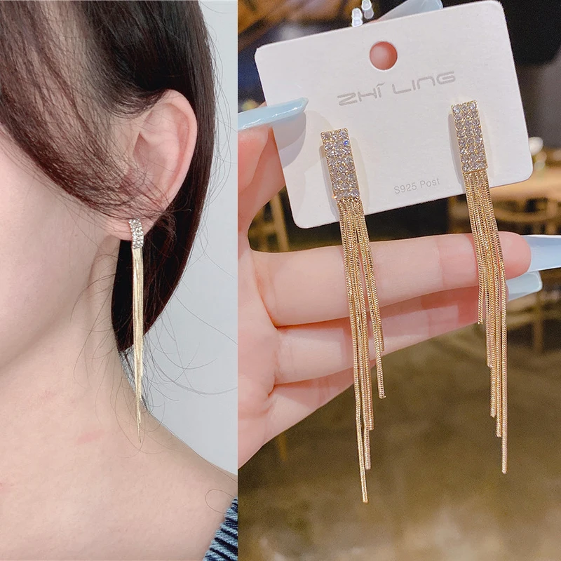 

2022 New Version Full Rhinestone Long Tassel Earrings Women's Simple Golden Silver Color Earrings Party Jewelry Beautiful Gifts