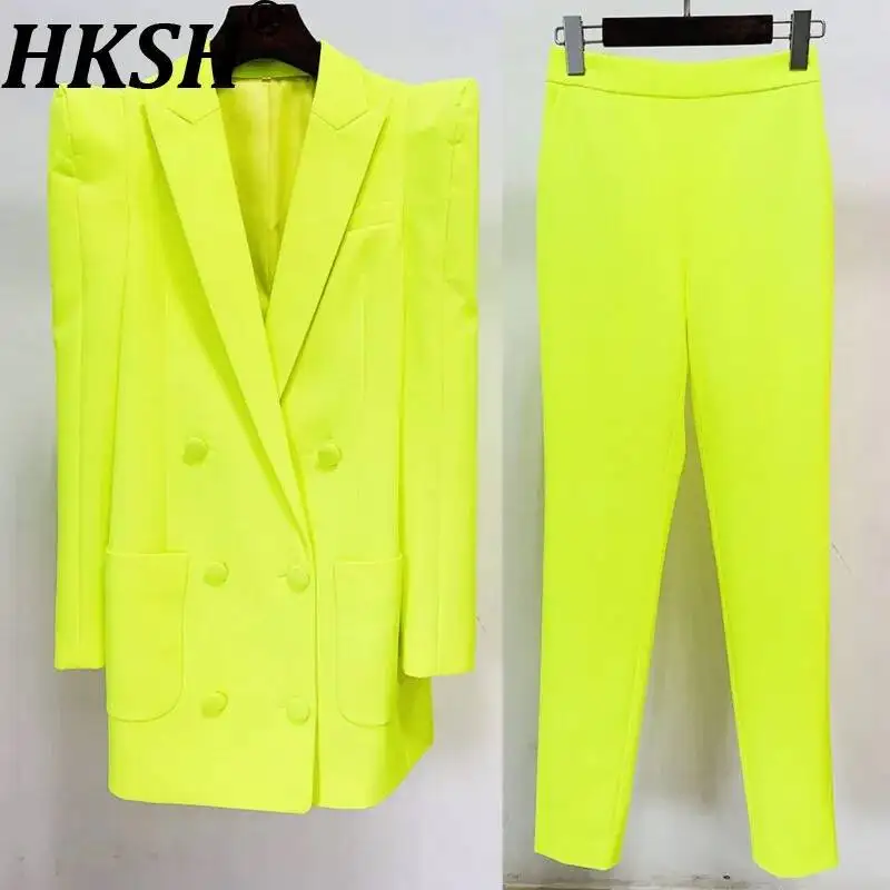 HKSH Spring Autumn New Women Blazer Notched Collar Double Breasted Pocket Trendy Coat Solid Color Suit Pants Office Lady HK12874