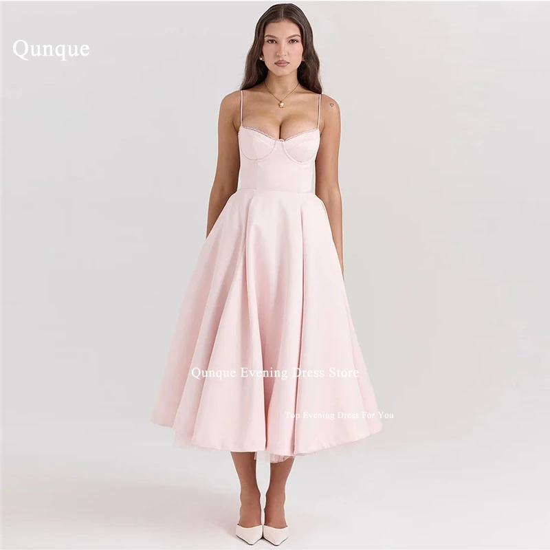 

Qunque Tea Length Pink A-line Evening Dresses 2024 Sweetheart With Lace Vestidos De Fiesta Elegantes Formal Occasion Dresses