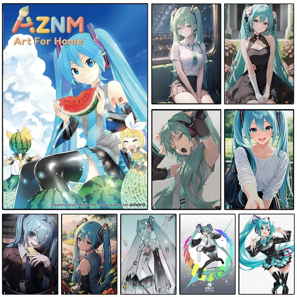 Hatsune Miku Summer Watermelon School Uniform Black Dress Casual Collage Canvas Painting Unframed Anime Vocaloid Wall Art Post