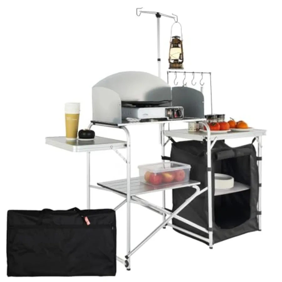 Camping Kitchen Table, Folding Outdoor Cooking Table with Storage Carrying Bag, Aluminum Cook Station 1 Cupboard and Detachable