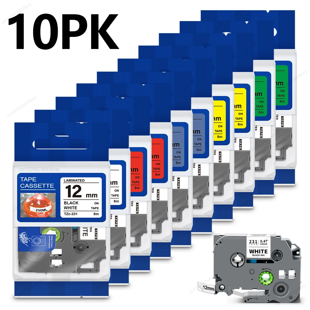 2er-Pack/10er-Pack TZe231 Kompatibel mit Brother P-Touch TZe-231 Band 12mm TZ231 TZe 231 Schwarz auf Weiß für Brother PTH110 Etikettendrucker