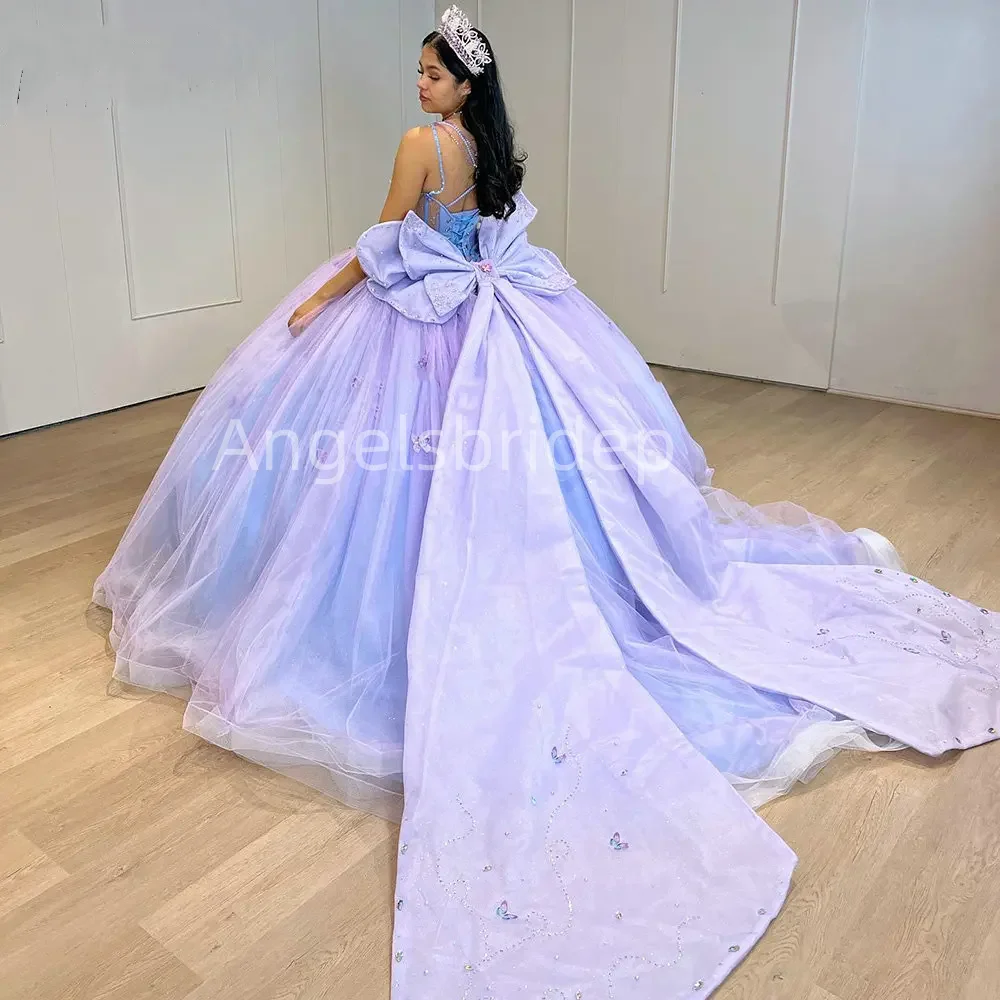 Angelsbride lilla abiti Quinceanera 2025 abiti messicani De 15 Anos spalline per Spaghetti grande fiocco con paillettes festa di compleanno