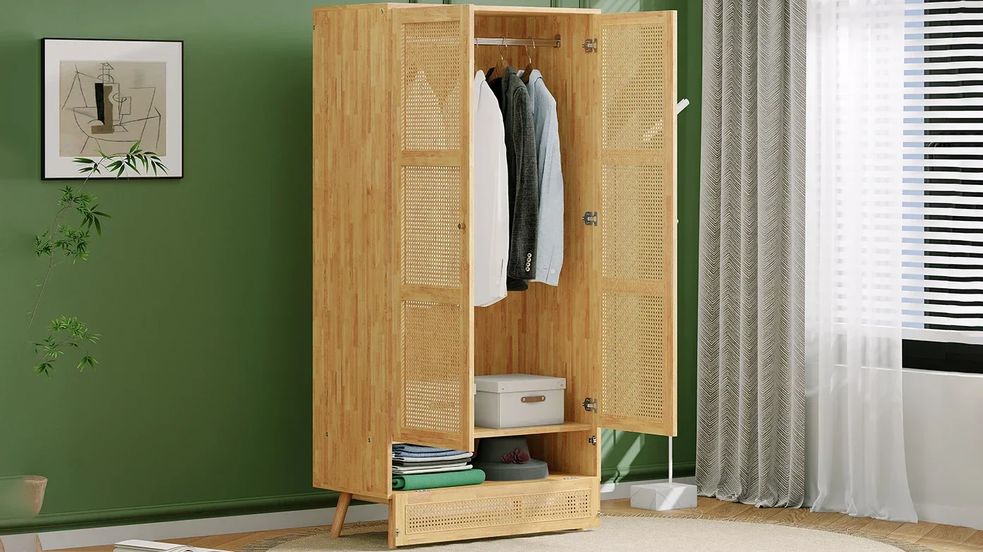 Kleiderschrank mit Stange, 2-türiger Kleiderschrank, Schlafzimmer, Rattansetz, Wohnzimmer, mit unterem Flip-Top-Deckel, Sperrholz + PE-Rattan, Natur – Detail 2