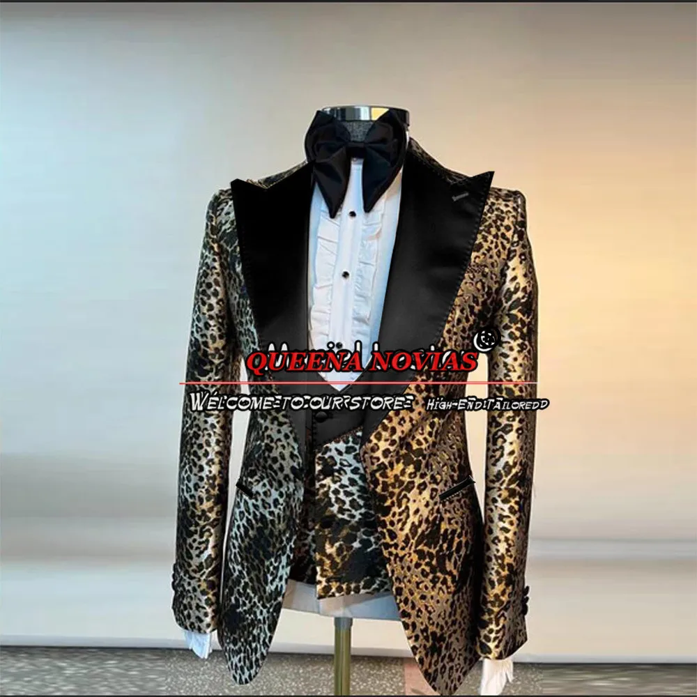 Elegance Wedding Suits For Men Bespoke Gold-Black Leopard Print Chic Man Groom Tuxedos Formal Party Prom Blazers Traje Hombre