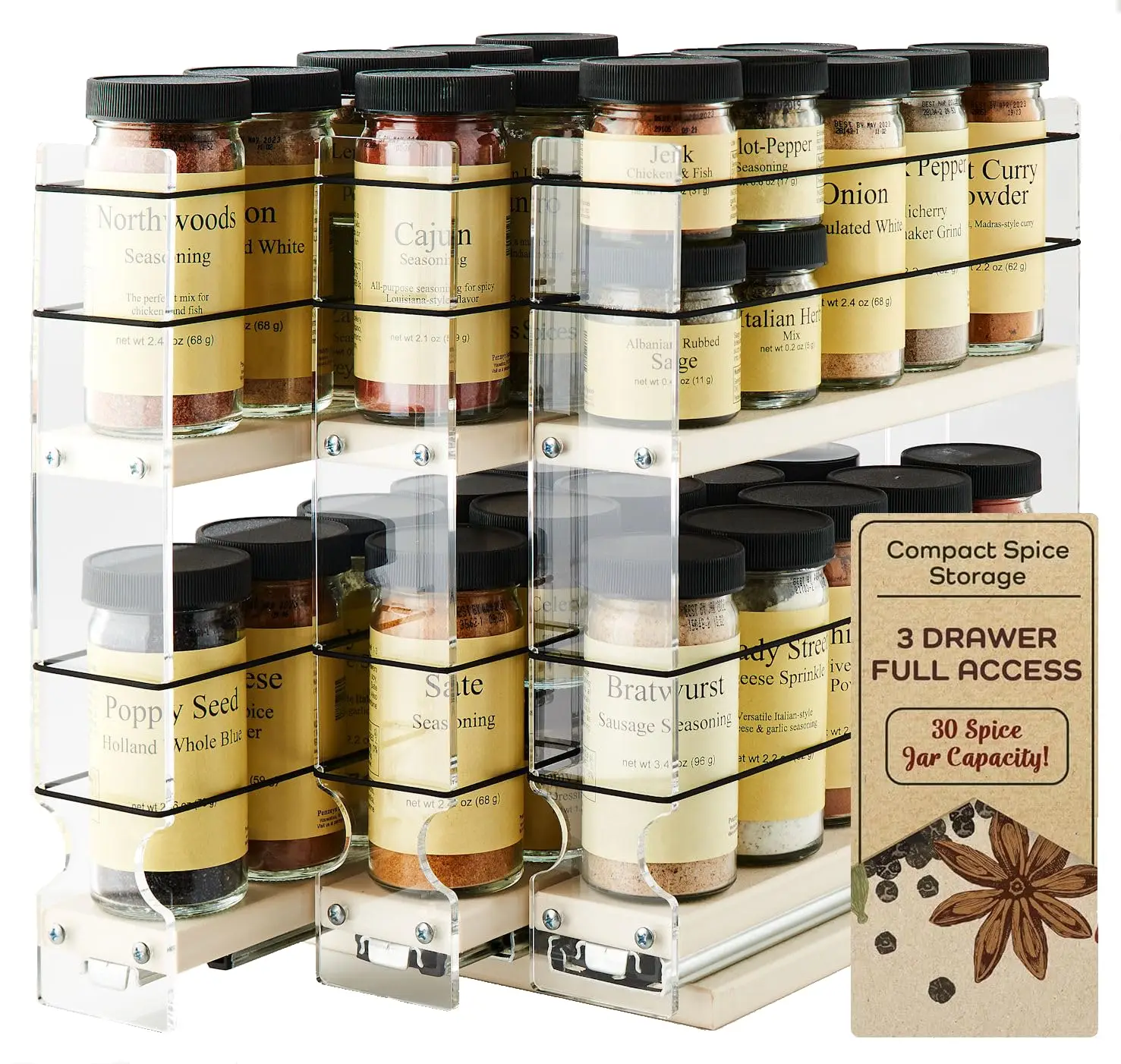 Cabinet Mounted Spice Rack Organizer - 3 Drawers,30 Reg or 60 Half Sized Spice Jars - Pantry Organizers & Storage, Customized