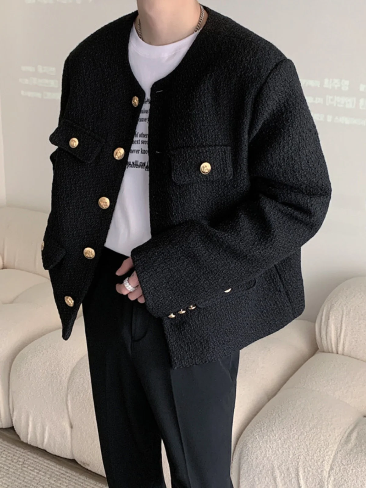 

Retro Single Button Men's Jaet Faionable Tweed ort Sle Spring Autumn Korean Version Sle Outerwear Casual Trendy