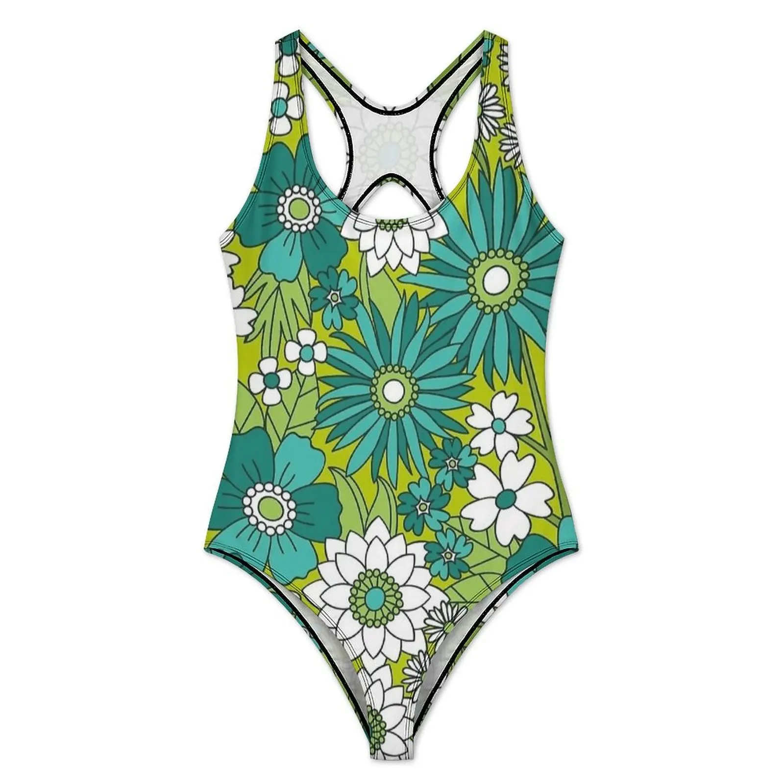 Green Groovy Flower Art Swimsuit Push Up Swimwear One Piece Holiday Swim Bathing Suit Bodysuit Sexy Design Beachwear Plus Size